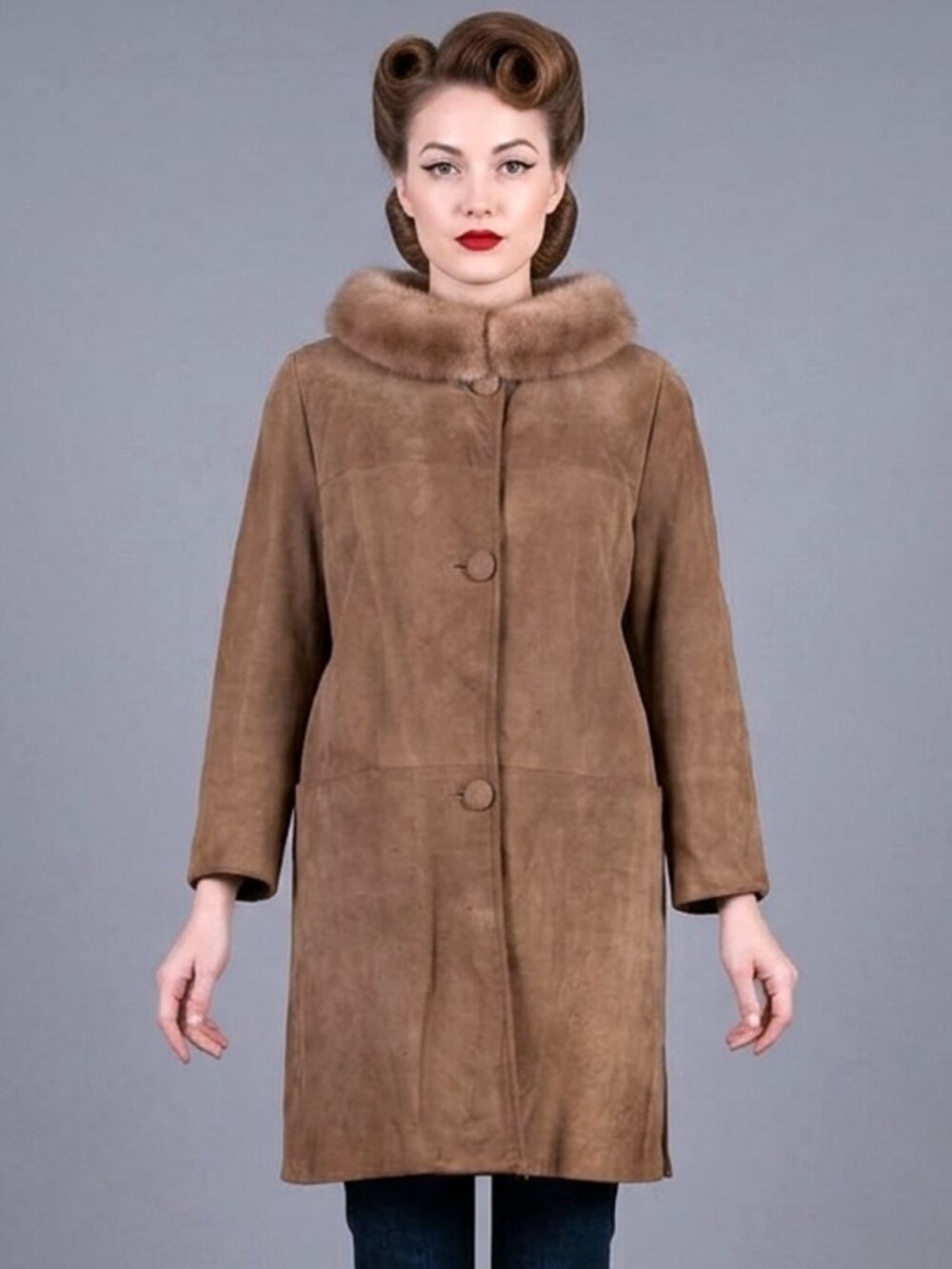 Vintage Suede & Deer Leather Coat Mink Fur Collar 12 Retro 60s Trench M/L